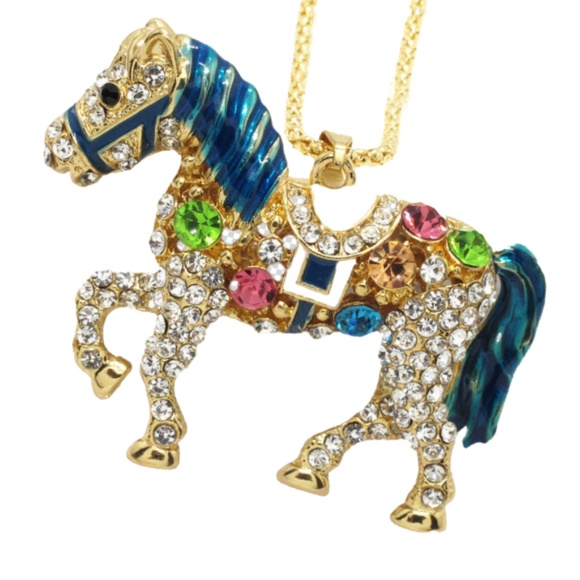 Multicolor Horse Necklace - Crystals and Rhinestones 2 1/2" Tall- Betsey Johnson - Picture 2 of 5